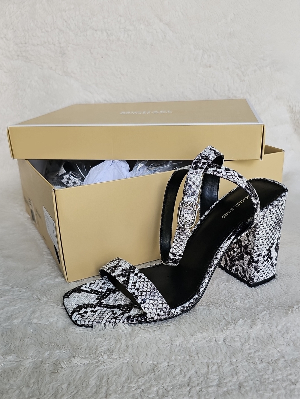 Michael Kors Merriam Aluminum Snake Print Block Heel Sandal 8.5 NEW